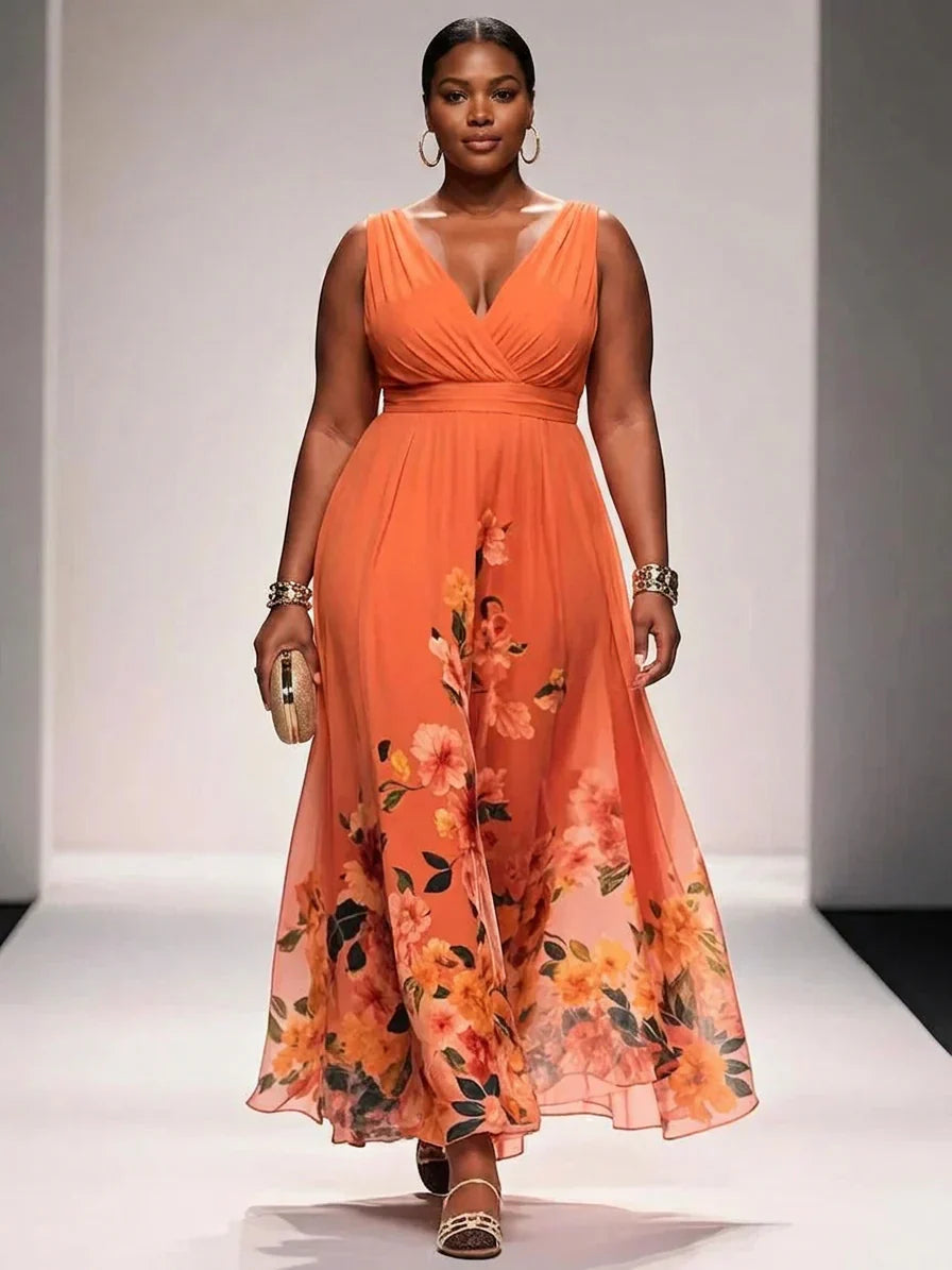 Salma | Light Blue Floral Chiffon V-Neck Maxi Dress