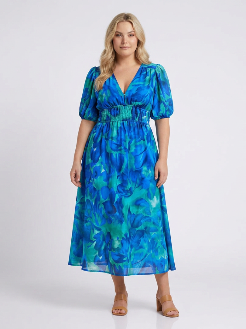 Amara | Floral V-Neck Puff Sleeve Smocked Waist Maxi Dress