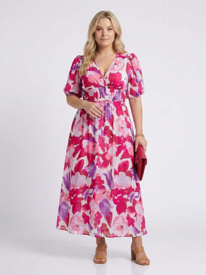 Amara | Floral V-Neck Puff Sleeve Smocked Waist Maxi Dress