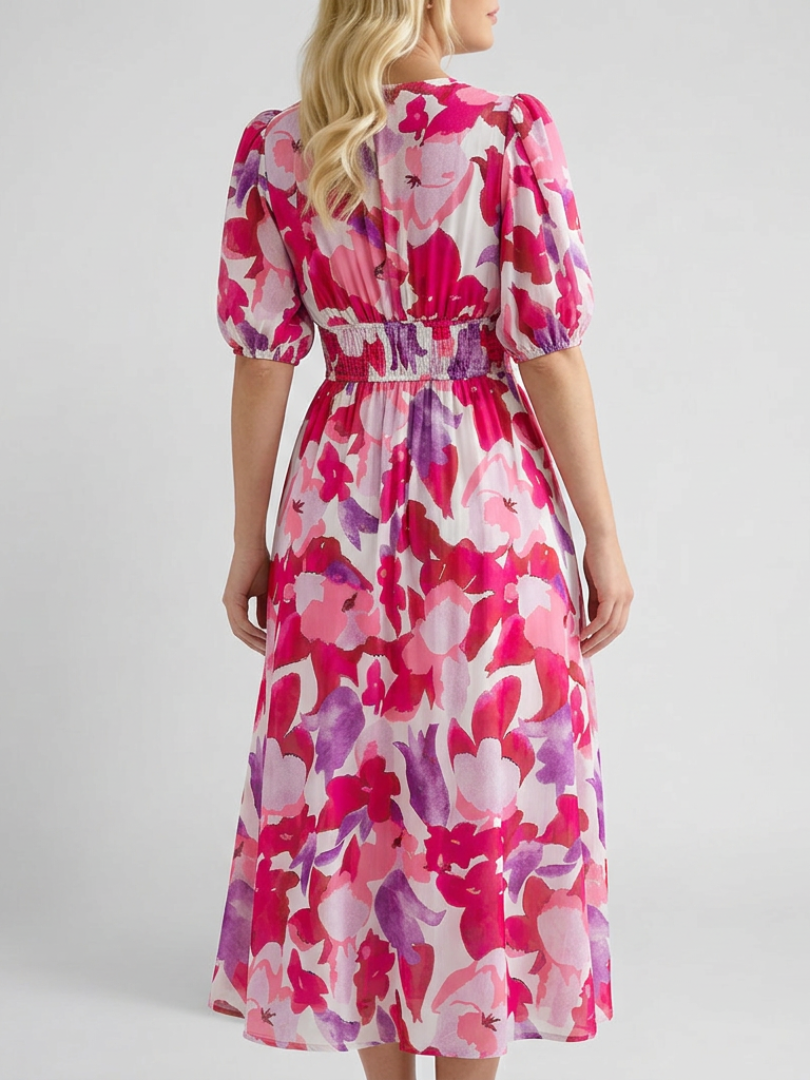 Amara | Floral V-Neck Puff Sleeve Smocked Waist Maxi Dress