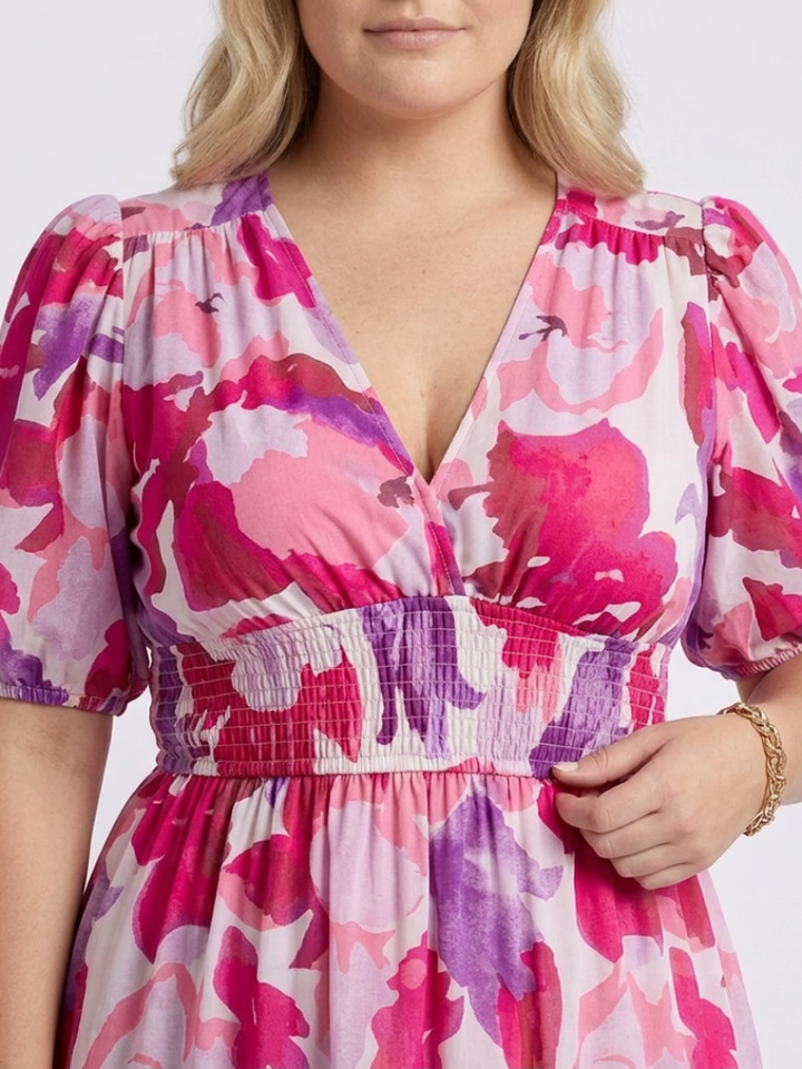 Amara | Floral V-Neck Puff Sleeve Smocked Waist Maxi Dress