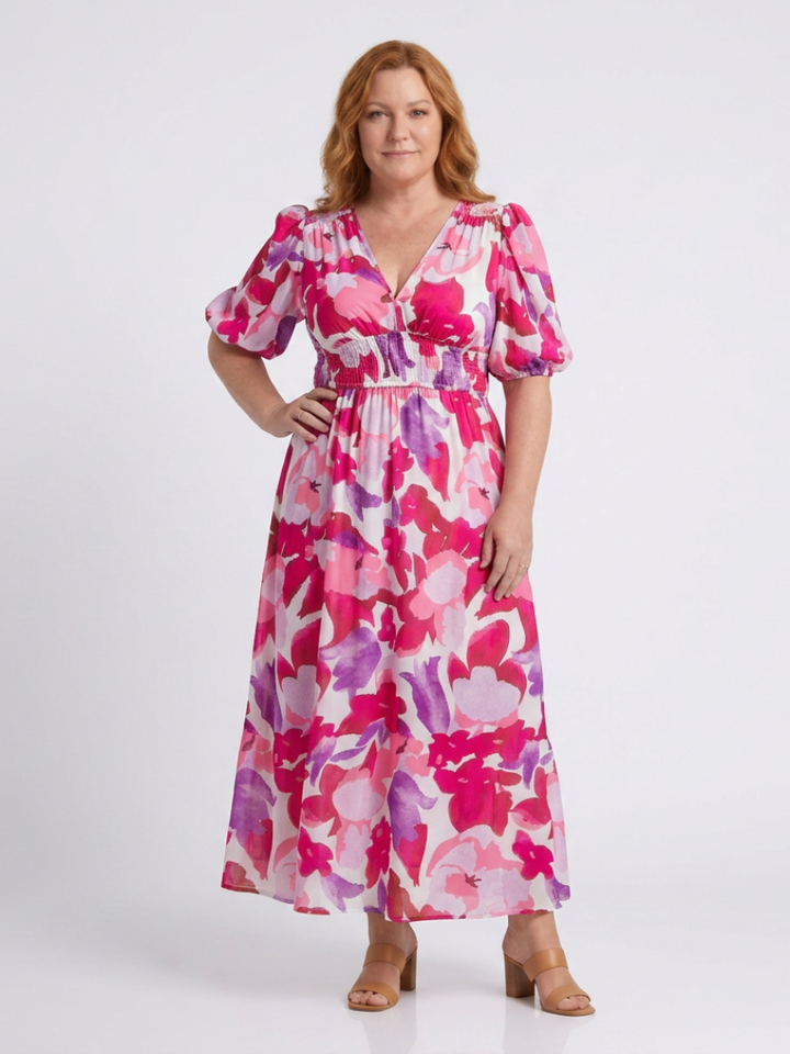 Amara | Floral V-Neck Puff Sleeve Smocked Waist Maxi Dress