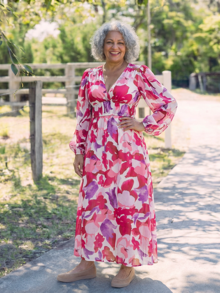 Amara | Floral V-Neck Puff Sleeve Smocked Waist Maxi Dress