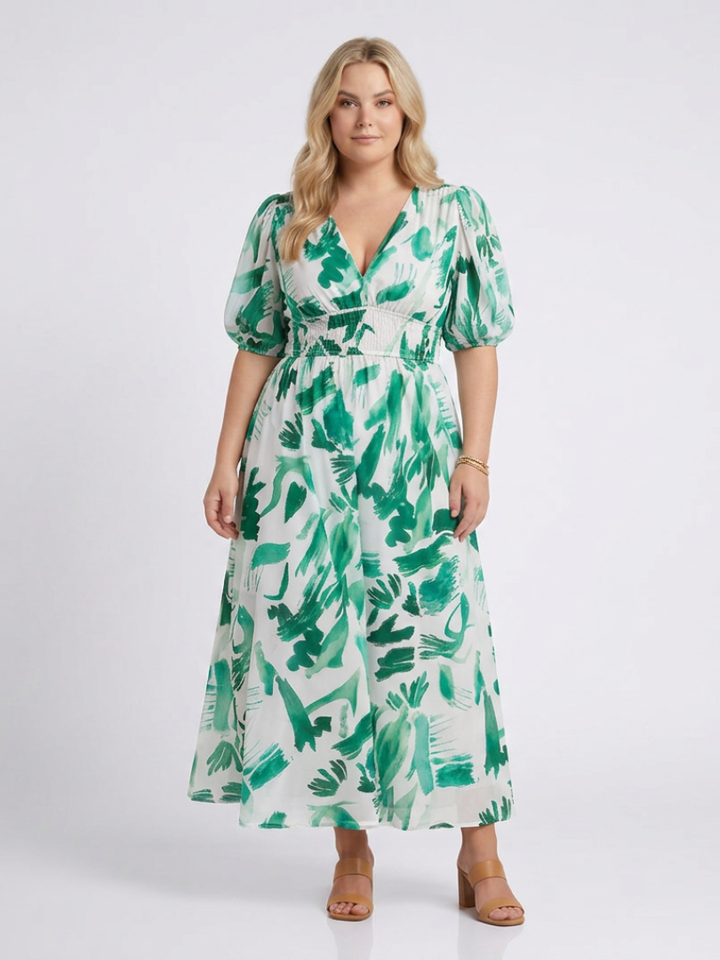Amara | Floral V-Neck Puff Sleeve Smocked Waist Maxi Dress
