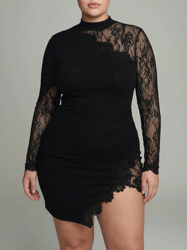 Elspeth | Black Turtleneck Lace Asymmetrical Tulle Long Sleeve Mini Dress