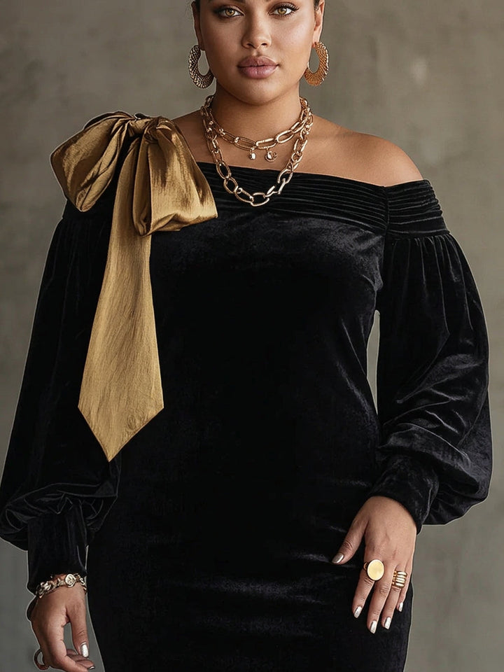 Black Velvet and Gold Satin Patchwork Off-Shoulder Mini Dress