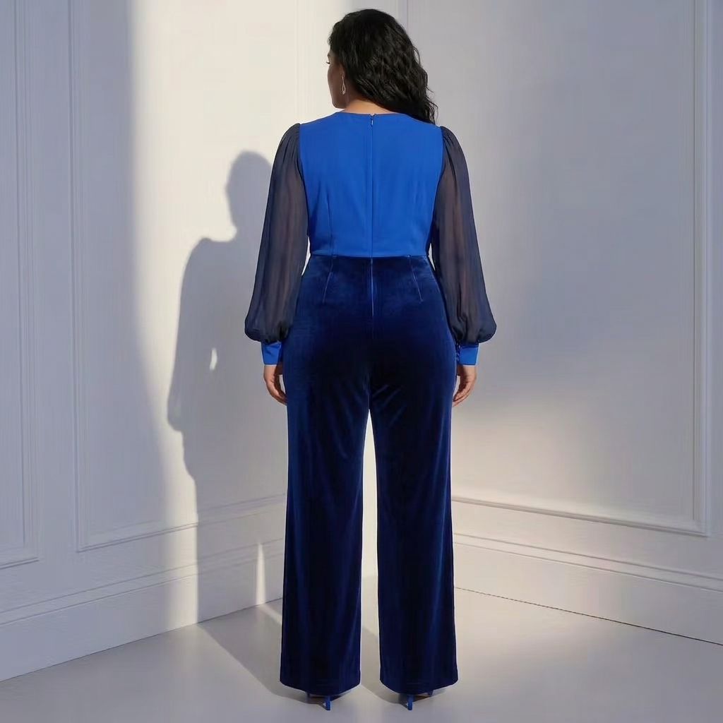 Blue mesh V-neck long sleeve velvet jumpsuit