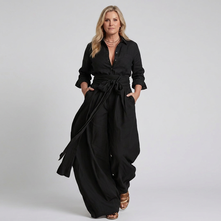 Bonnie | Long Sleeve Button Front Wide Leg Jumpsuit