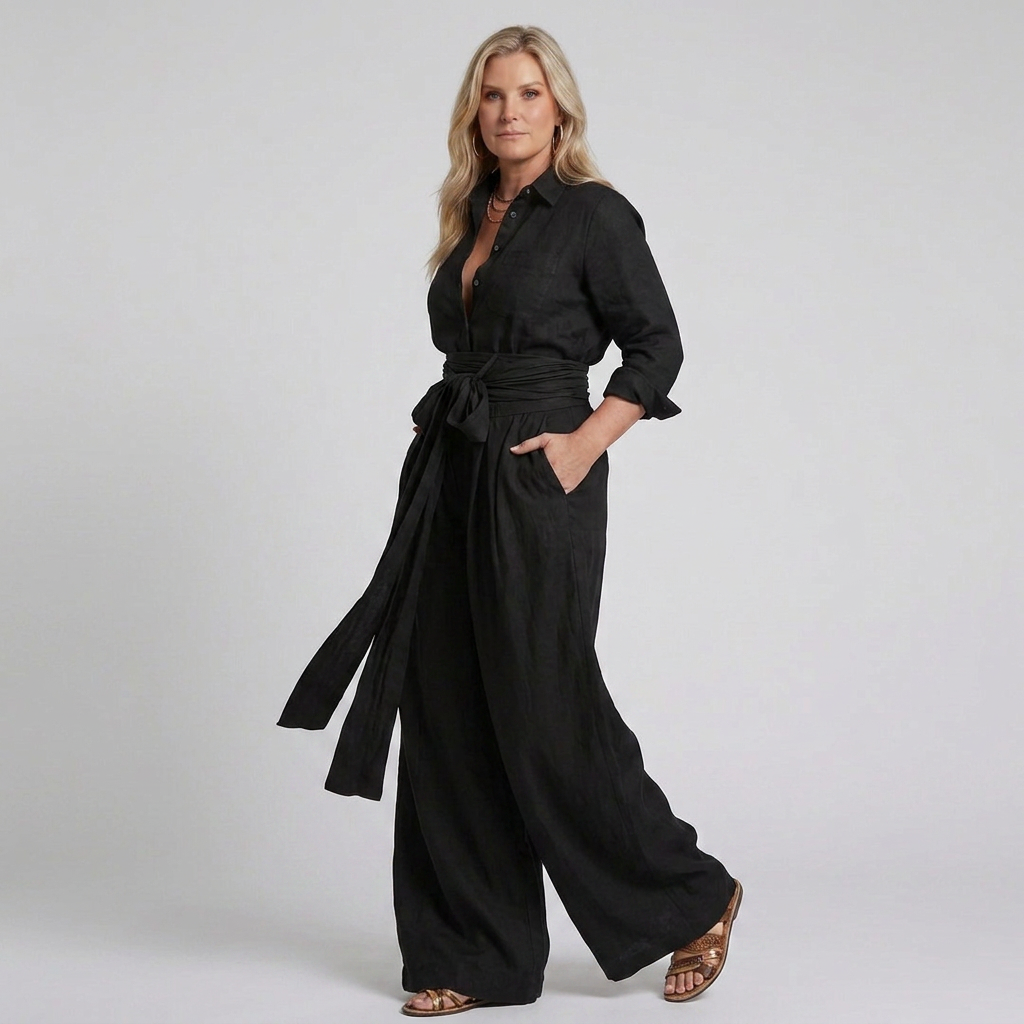 Bonnie | Long Sleeve Button Front Wide Leg Jumpsuit