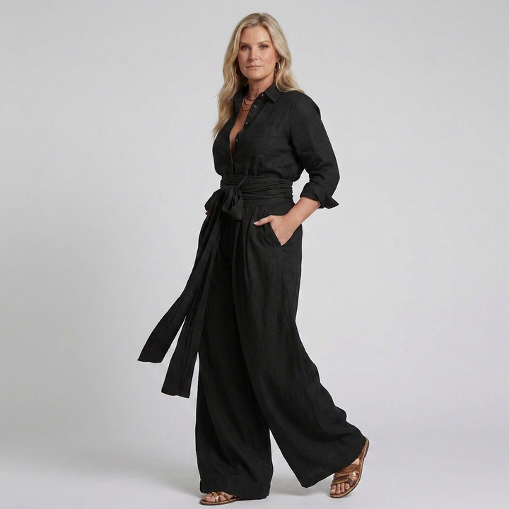 Bonnie | Long Sleeve Button Front Wide Leg Jumpsuit
