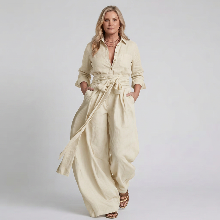 Bonnie | Long Sleeve Button Front Wide Leg Jumpsuit