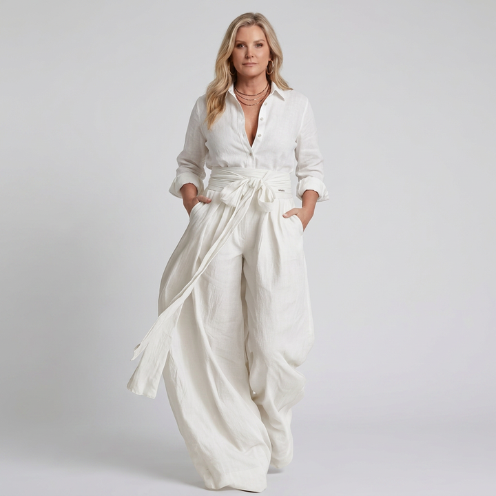 Bonnie | Long Sleeve Button Front Wide Leg Jumpsuit