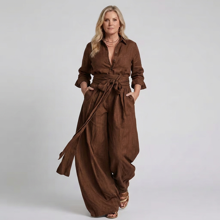Bonnie | Long Sleeve Button Front Wide Leg Jumpsuit