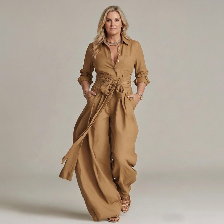 Bonnie | Long Sleeve Button Front Wide Leg Jumpsuit