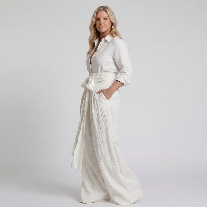 Bonnie | Long Sleeve Button Front Wide Leg Jumpsuit