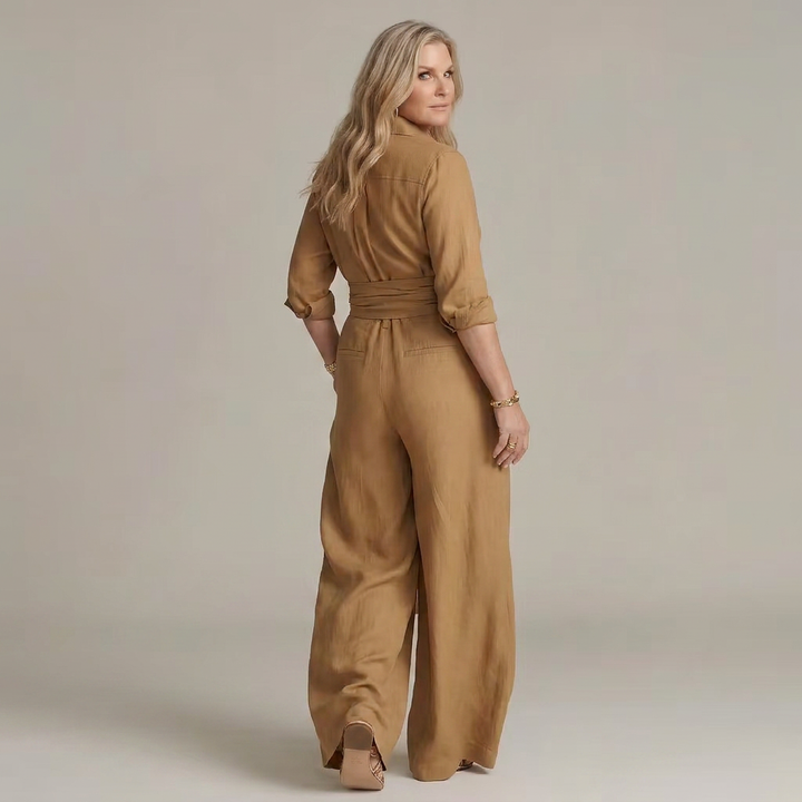 Bonnie | Long Sleeve Button Front Wide Leg Jumpsuit