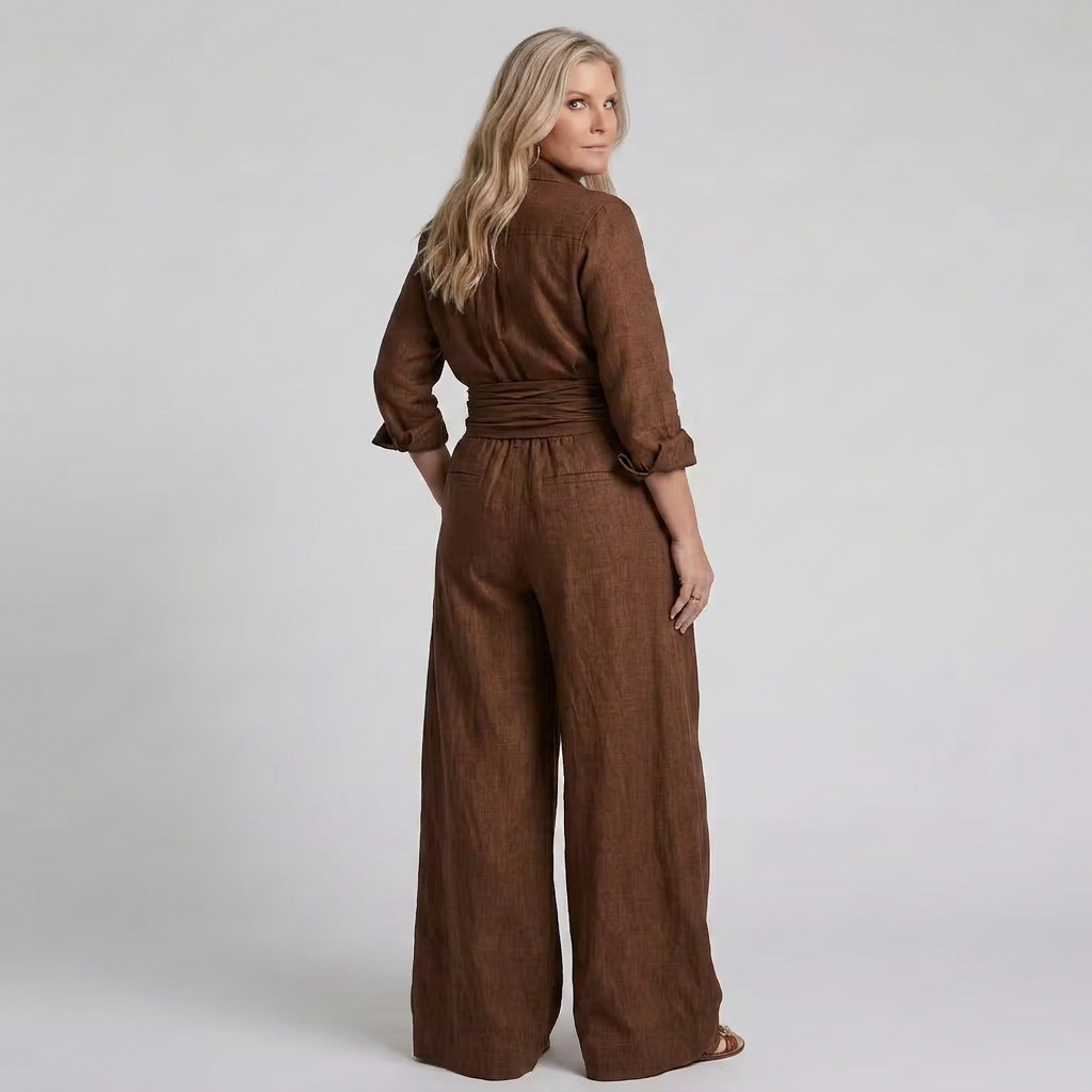 Bonnie | Long Sleeve Button Front Wide Leg Jumpsuit