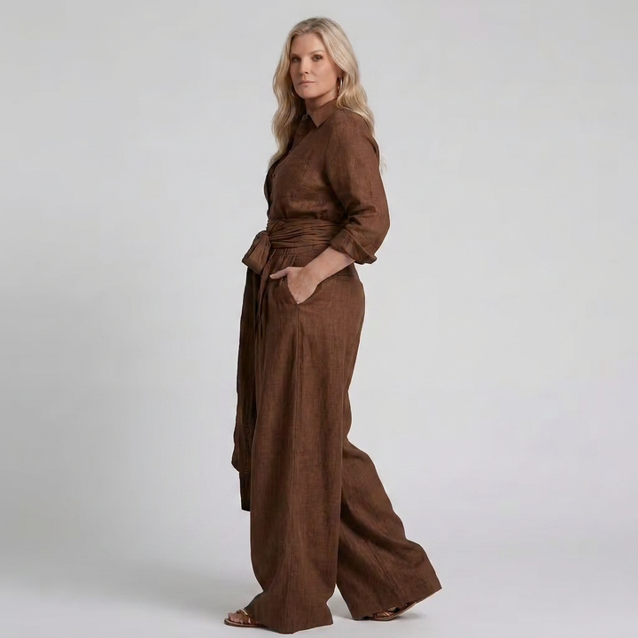 Bonnie | Long Sleeve Button Front Wide Leg Jumpsuit