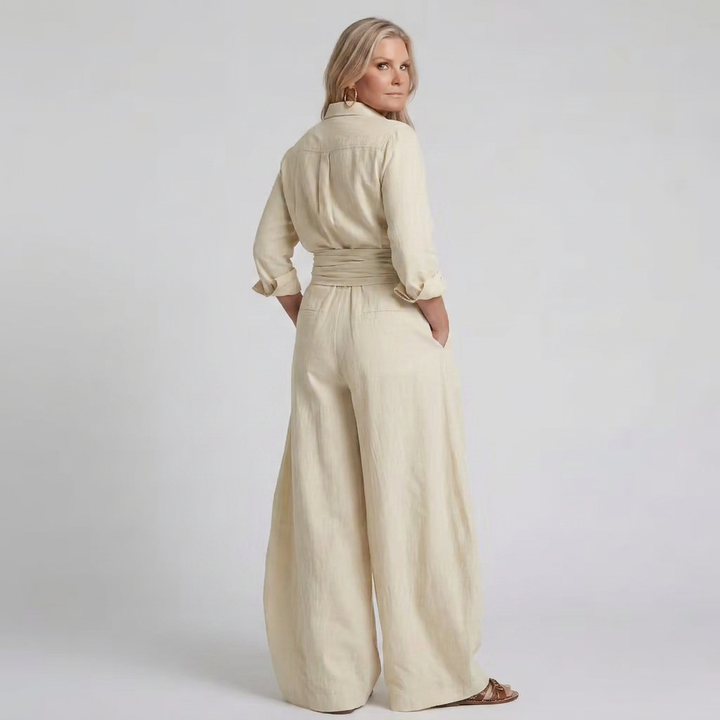 Bonnie | Long Sleeve Button Front Wide Leg Jumpsuit