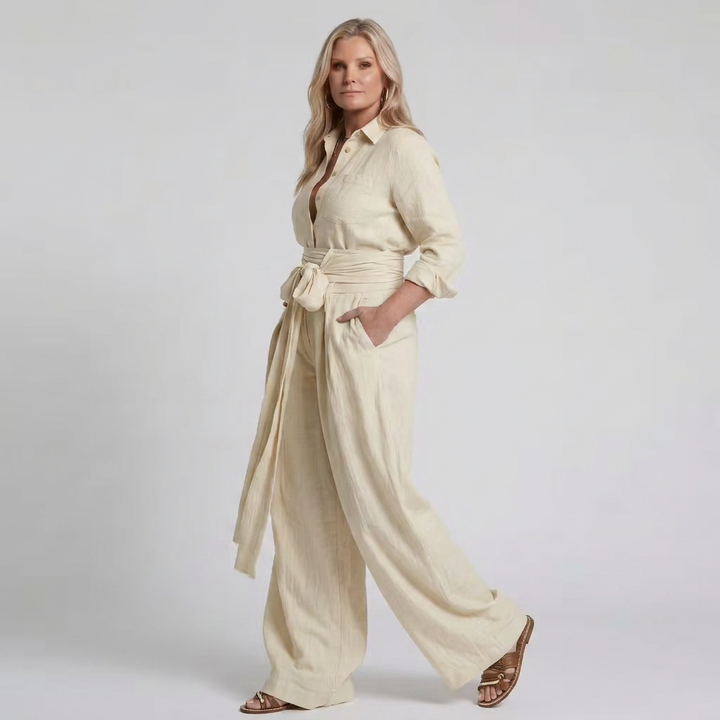 Bonnie | Long Sleeve Button Front Wide Leg Jumpsuit