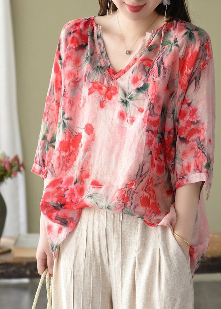 Estelle - Boutique Pink V Neck Print Loose Fall Half Sleeve Blouses