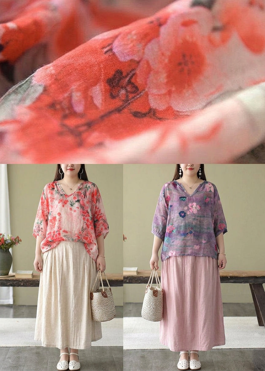 Estelle - Boutique Pink V Neck Print Loose Fall Half Sleeve Blouses