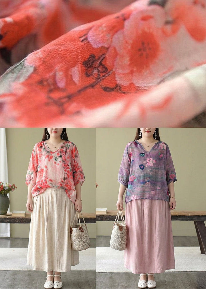 Estelle - Boutique Pink V Neck Print Loose Fall Half Sleeve Blouses