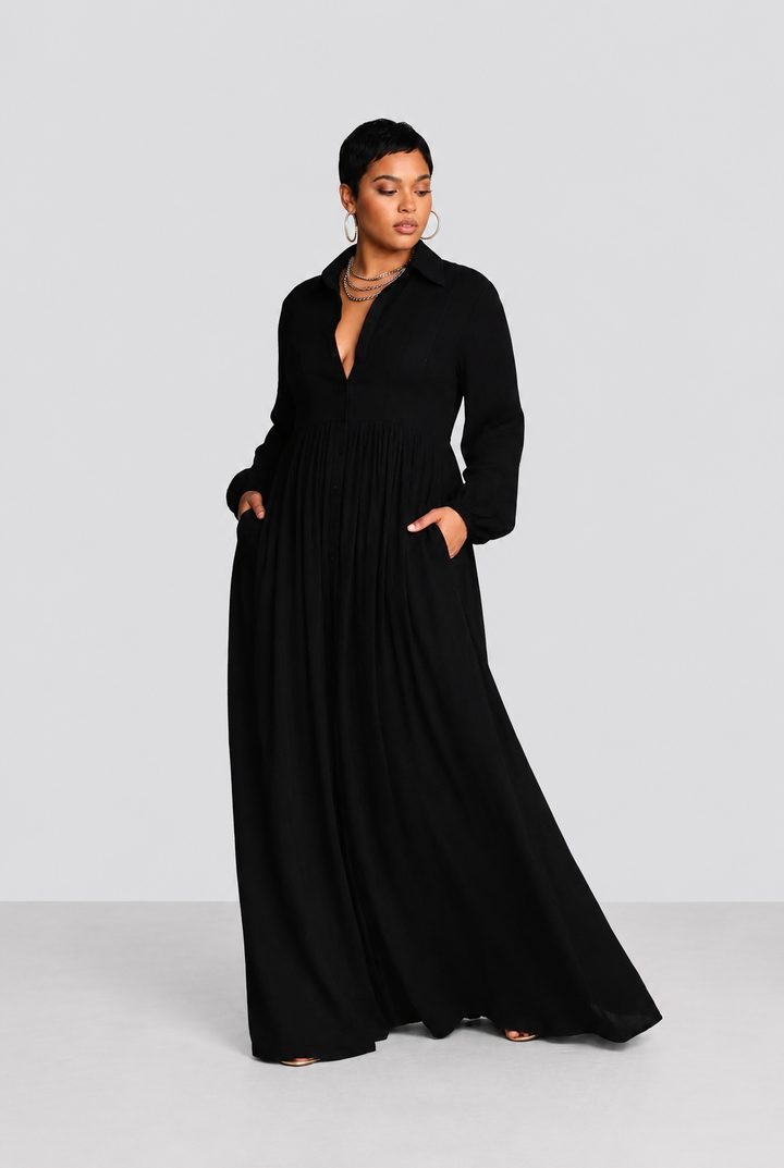 Hedda | Black Flowing Button-Front Maxi Dress