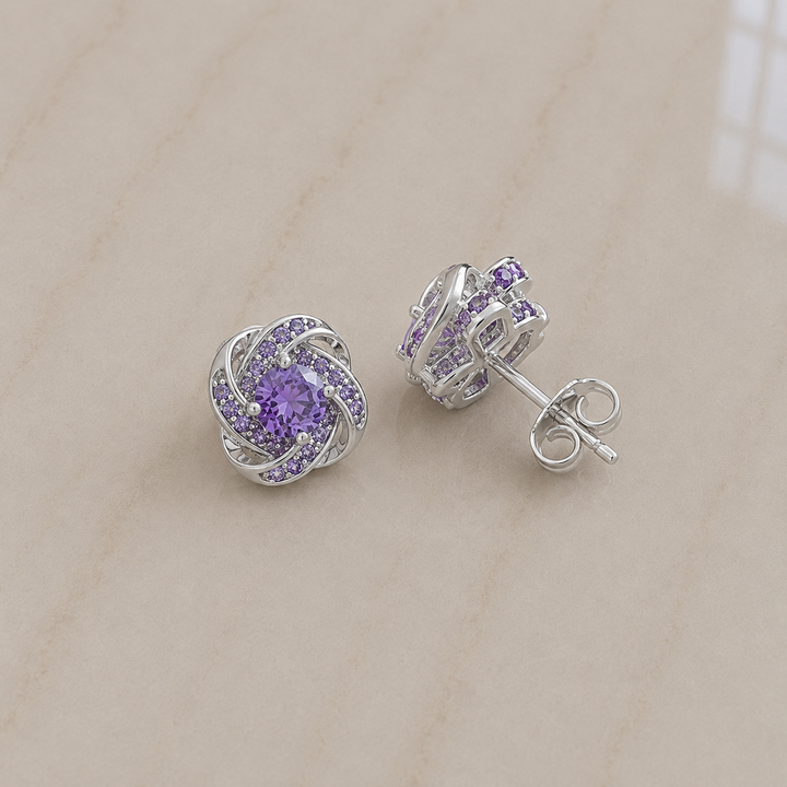 Purple Crystal Knot Earrings | White Gold