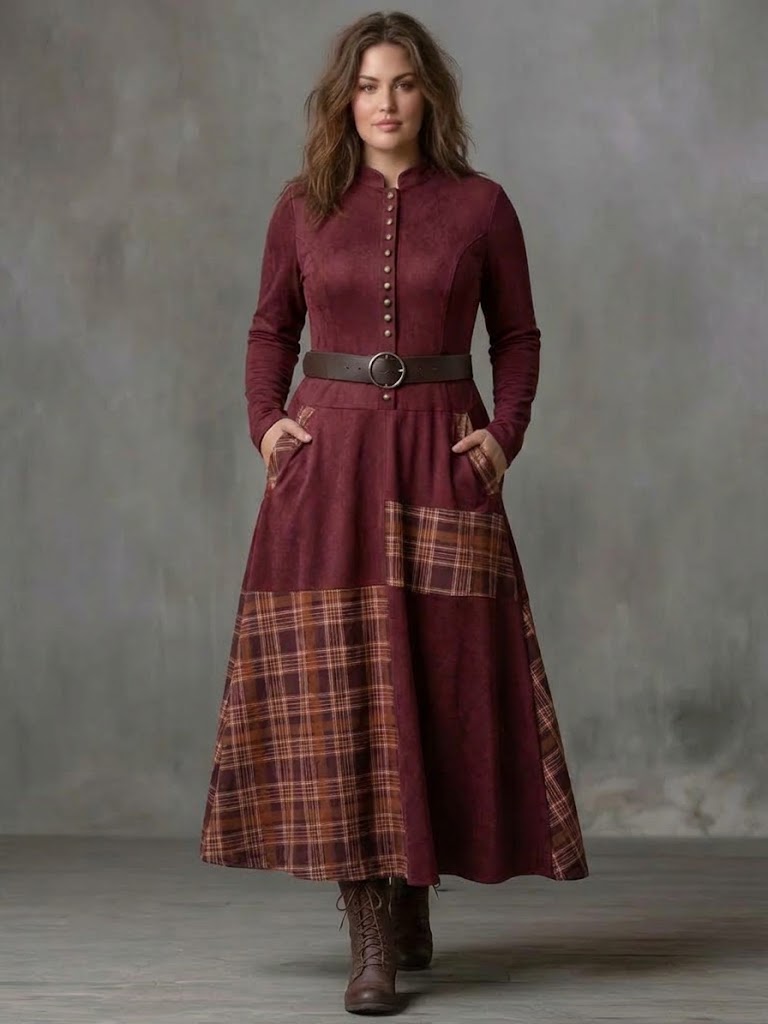 Cleo | Plaid Patchwork Button-Front Maxi Dress with Belt