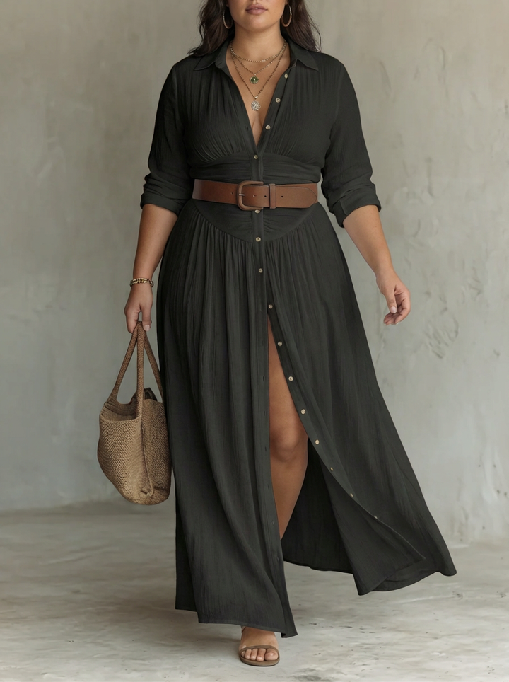 Long Maxi Dress with Notched Collar and Long Sleeves for Women