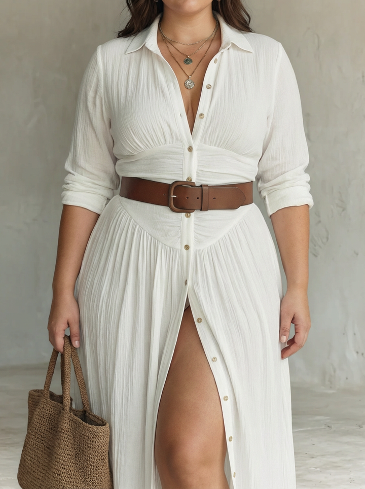 Long Maxi Dress with Notched Collar and Long Sleeves for Women