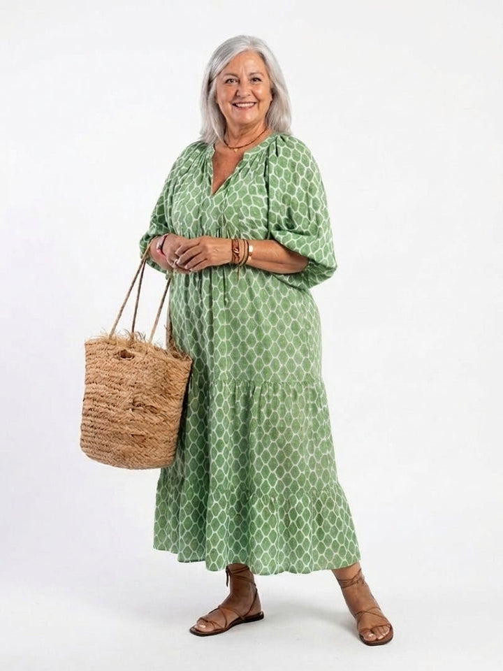 Imogen | Three Quarter Sleeve V Neck Patterned Midi Dress