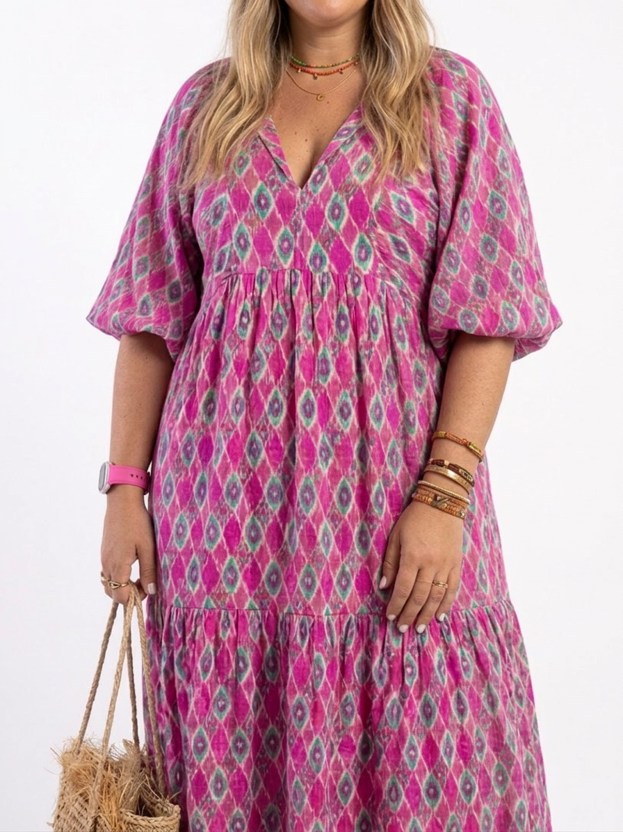Imogen | Three Quarter Sleeve V Neck Patterned Midi Dress