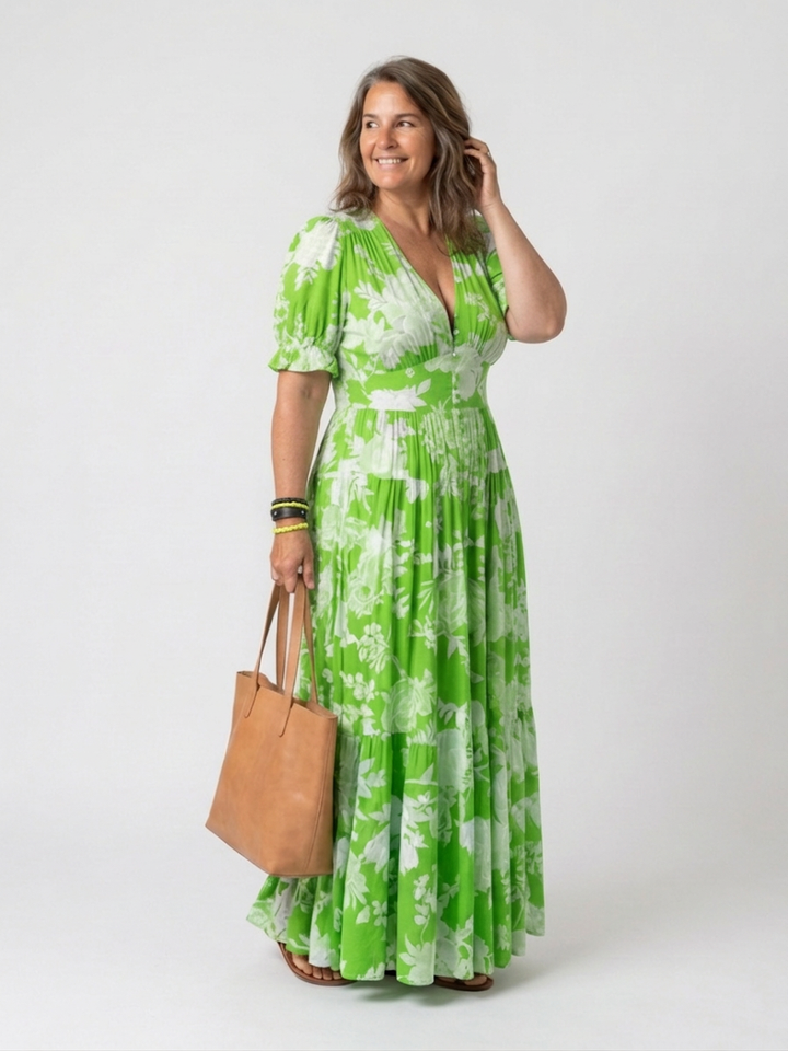 Elspeth | Short Sleeve V Neck Floral Midi Dress