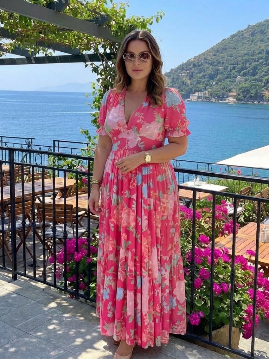 Elspeth | Short Sleeve V Neck Floral Midi Dress