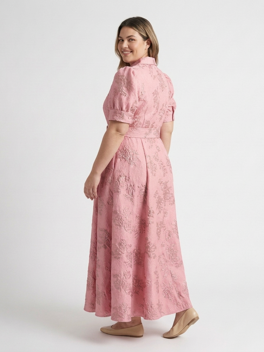 Lucienne | Short Sleeve Belted Floral Textured Maxi Shirt Dress