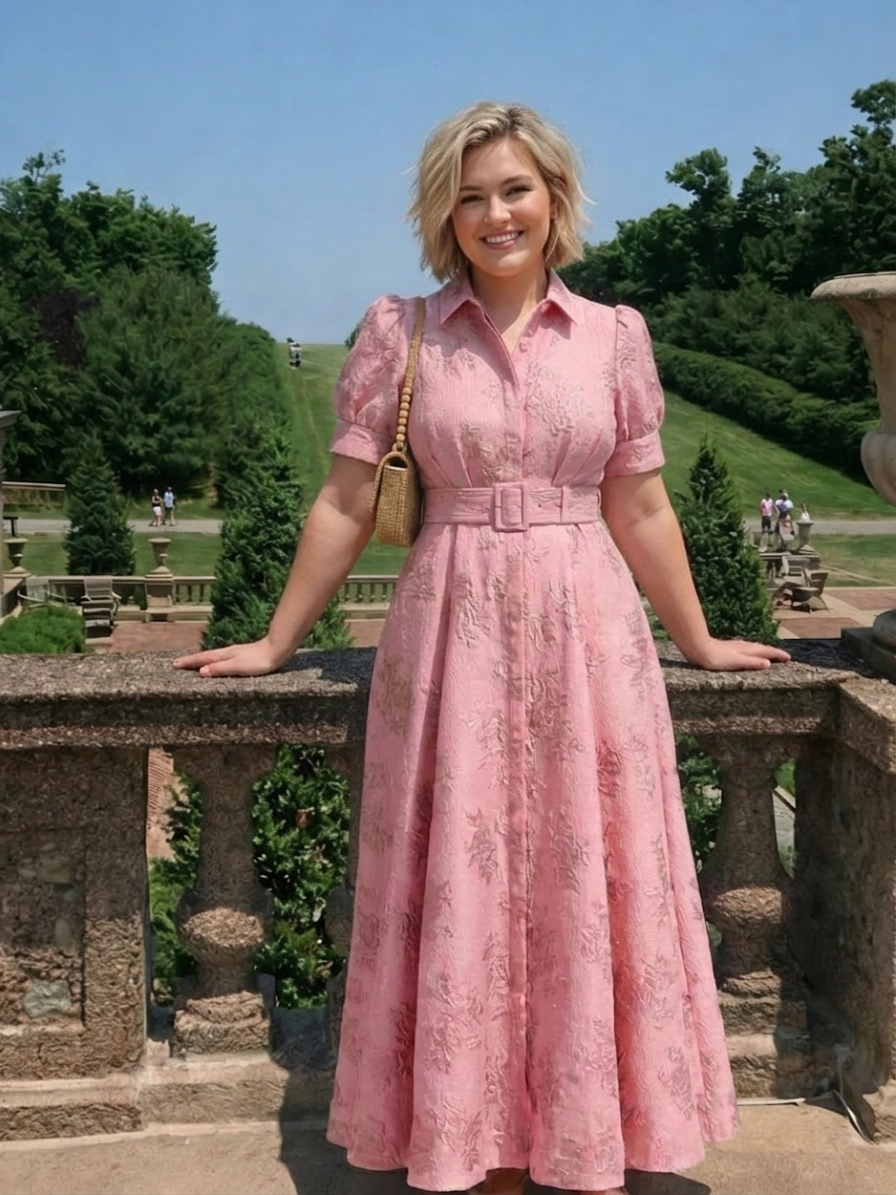 Lucienne | Short Sleeve Belted Floral Textured Maxi Shirt Dress