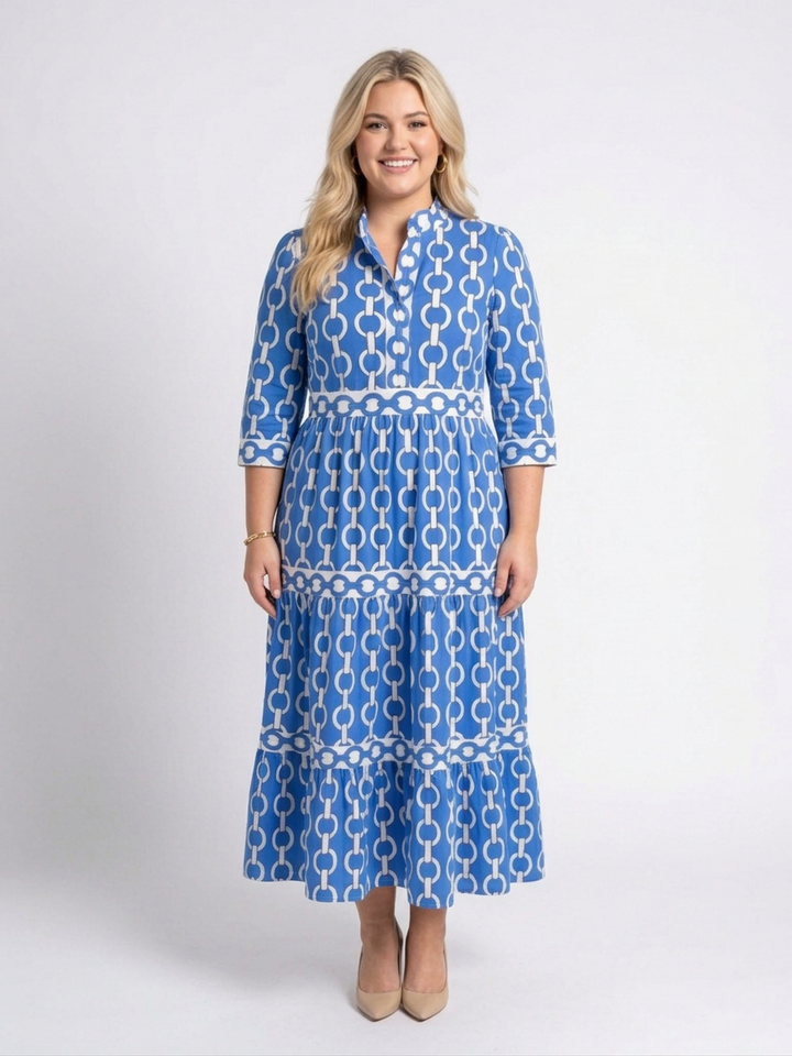 Tamsin | Three Quarter Sleeve Chain Pattern Midi Dress