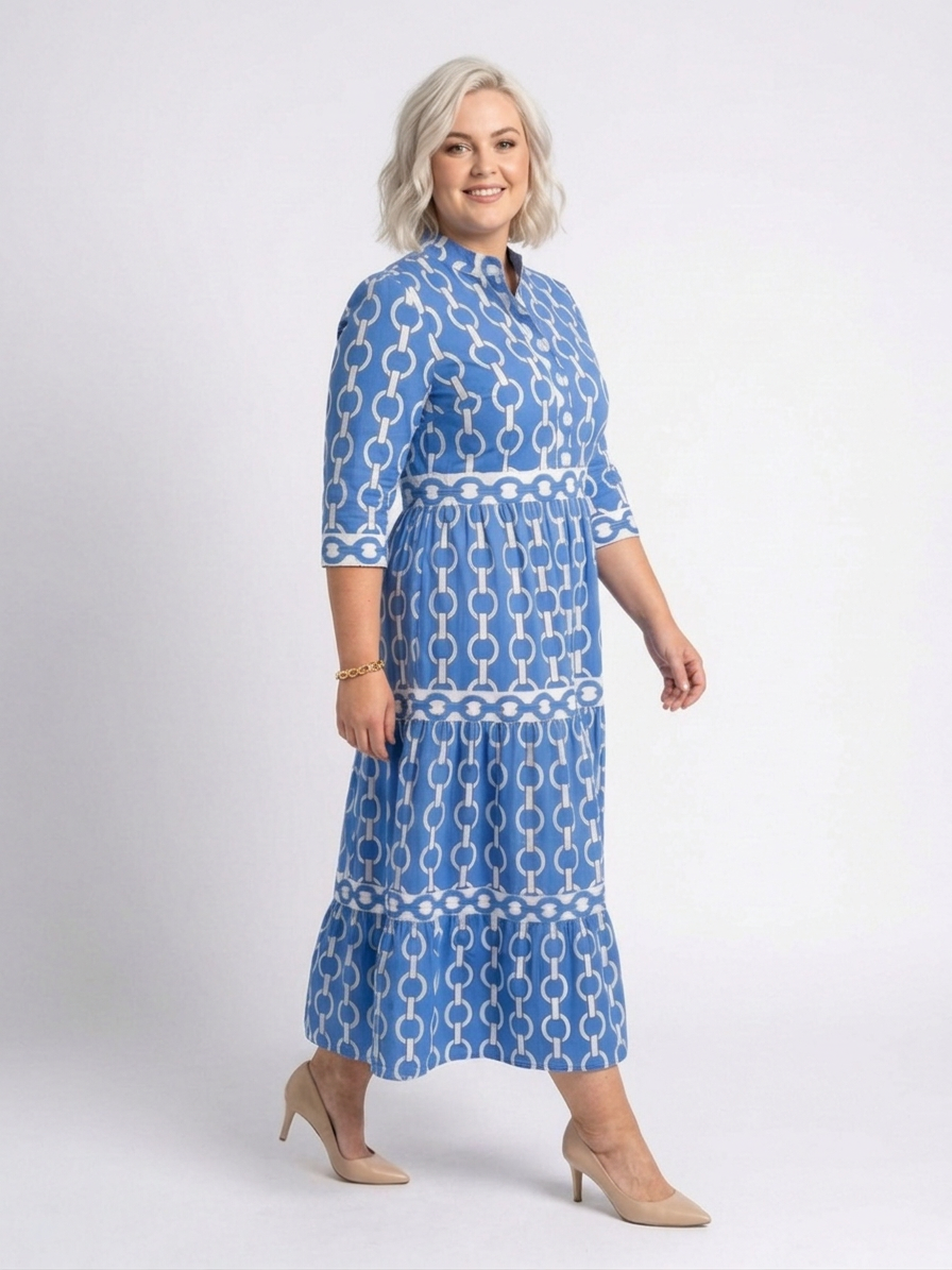 Tamsin | Three Quarter Sleeve Chain Pattern Midi Dress
