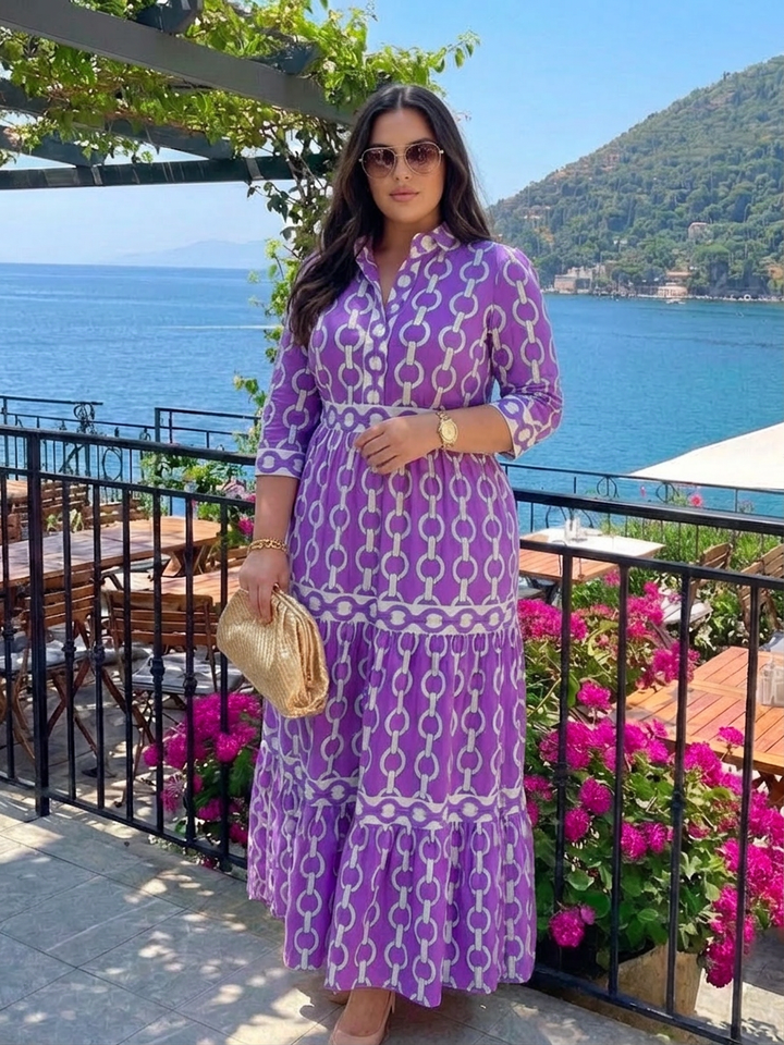 Tamsin | Three Quarter Sleeve Chain Pattern Midi Dress