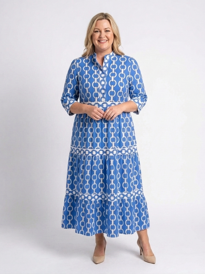 Tamsin | Three Quarter Sleeve Chain Pattern Midi Dress