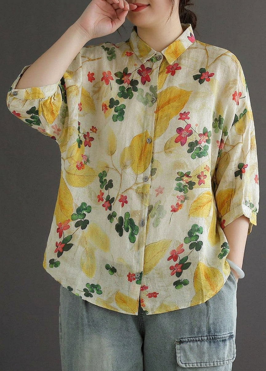Galina - Elegant Print Peter Pan Collar Button Summer Linen Top Three Quarter Sleeve