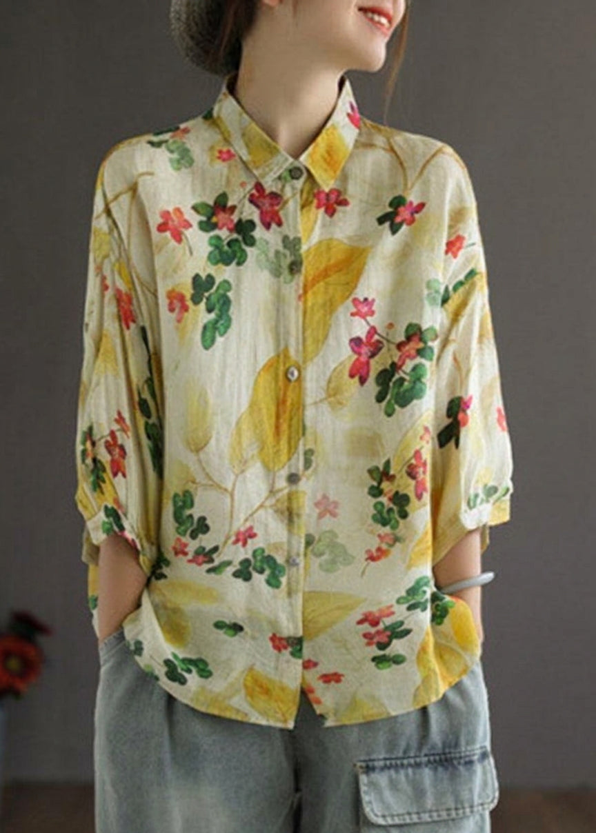 Galina - Elegant Print Peter Pan Collar Button Summer Linen Top Three Quarter Sleeve