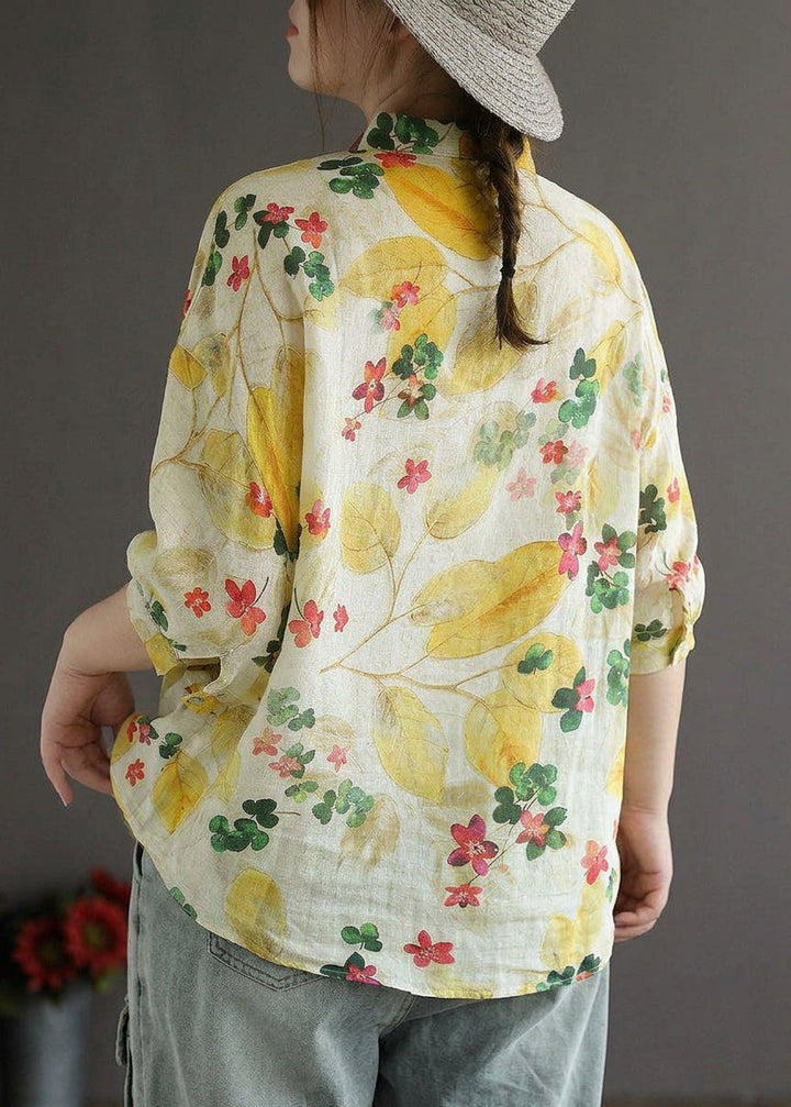 Galina - Elegant Print Peter Pan Collar Button Summer Linen Top Three Quarter Sleeve