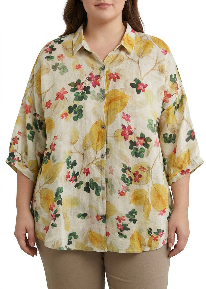 Galina - Elegant Print Peter Pan Collar Button Summer Linen Top Three Quarter Sleeve
