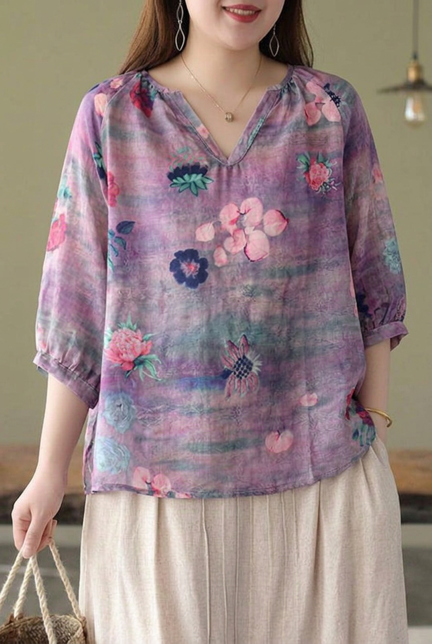 Estelle - Boutique Pink V Neck Print Loose Fall Half Sleeve Blouses