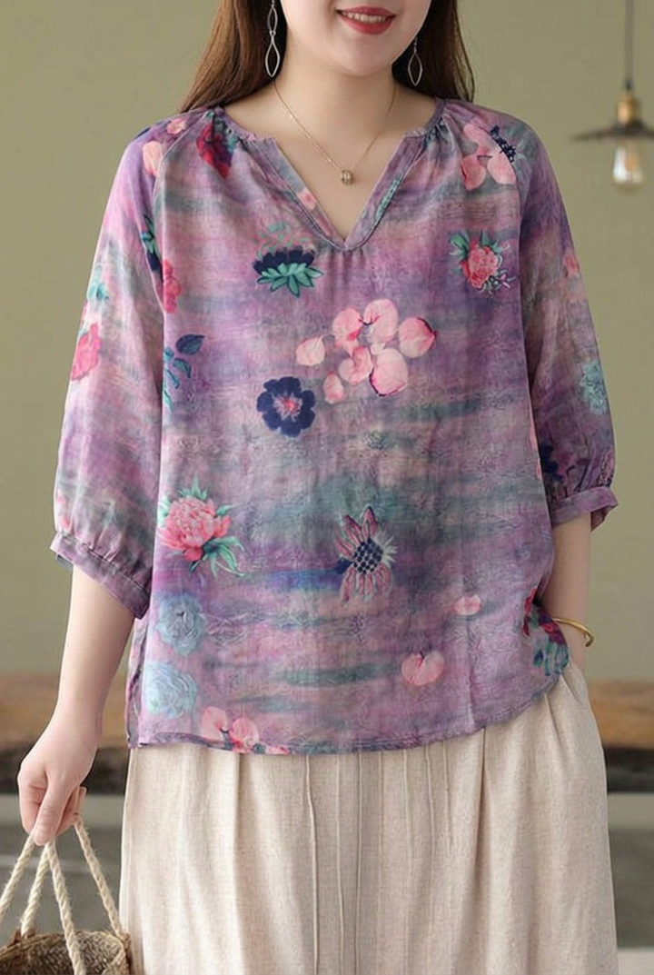 Estelle - Boutique Pink V Neck Print Loose Fall Half Sleeve Blouses