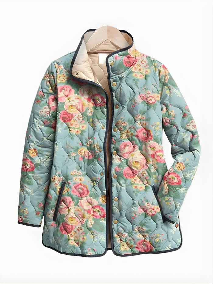 Women's Floral Quilted Jacket Reversible with Snap Front