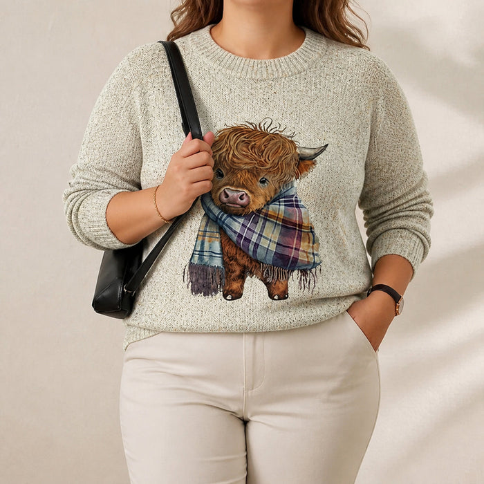 Women's Jacquard Crew Neck Jumper with Highland Cow Print